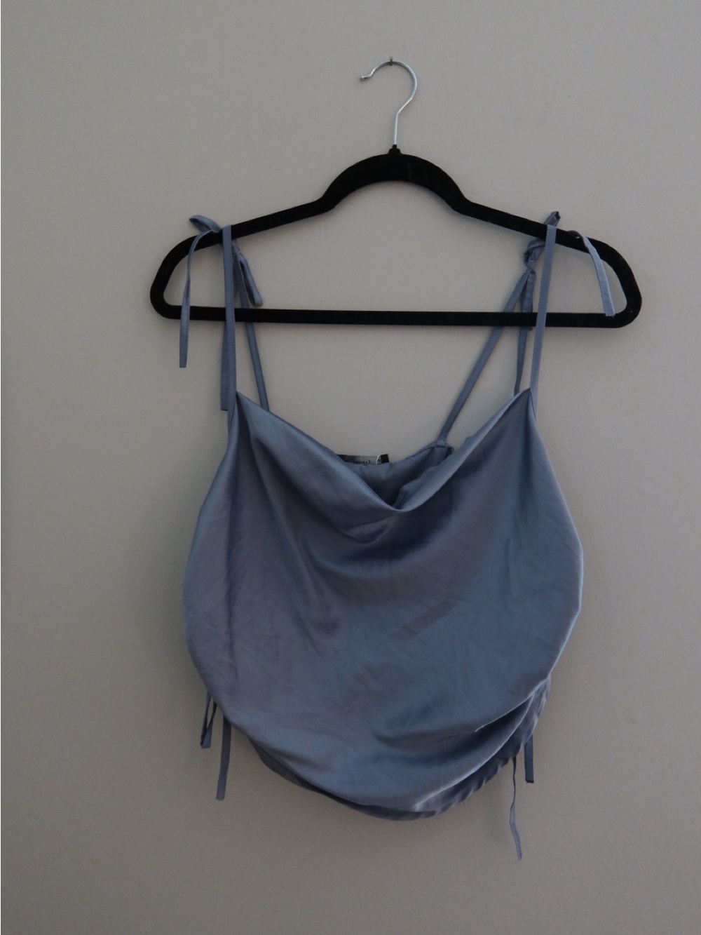 Silky Blue Cowl Neck Tie-Strap Women's Top